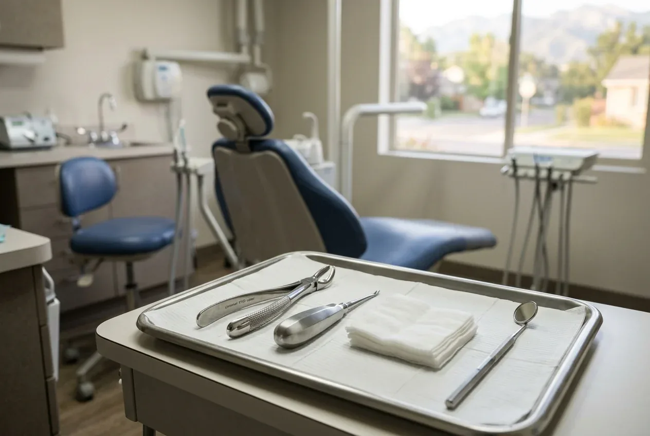 Dental extraction instruments and gauze on a tray in front of an empty dental chair.